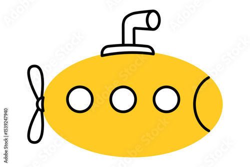 Yellow cartoon submarine with simple line drawing style and periscope detail. Clipart image isolated on background.