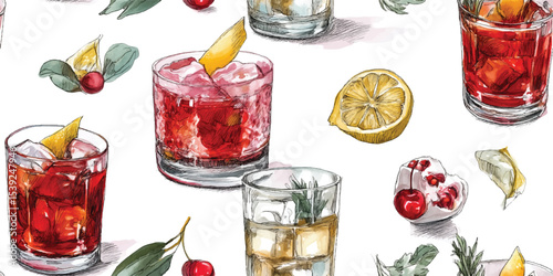 Elegant Negroni Classic Cocktails Seamless Pattern. Sophisticated Alcoholic Drinks and Barware Design for textile, packaging, fabric, wallpaper, branding, stationery, wrapping paper interior decor.