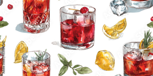 Elegant Negroni Classic Cocktails Seamless Pattern. Sophisticated Alcoholic Drinks and Barware Design for textile, packaging, fabric, wallpaper, branding, stationery, wrapping paper interior decor.