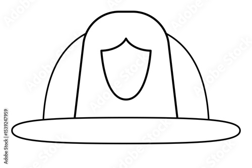 Simple line drawing of firefighter helmet with shield emblem. Clipart image isolated on background.