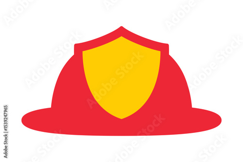 Flat design red firefighter helmet icon with yellow shield. Clipart image isolated on background.