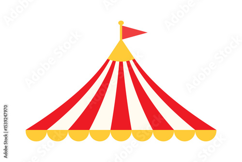 Colorful circus carnival tent top icon with red and yellow stripes and flag. Clipart image isolated on background.