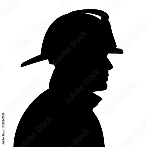 Silhouette of firefighter profile wearing helmet. Clipart image isolated on background.