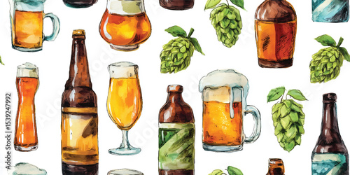 Assorted Craft Beer Bottles, Glasses, and Hops Watercolor Seamless Pattern. Brewery Beverage Design for textile, packaging, fabric, wallpaper, branding, stationery, wrapping paper interior decor.
