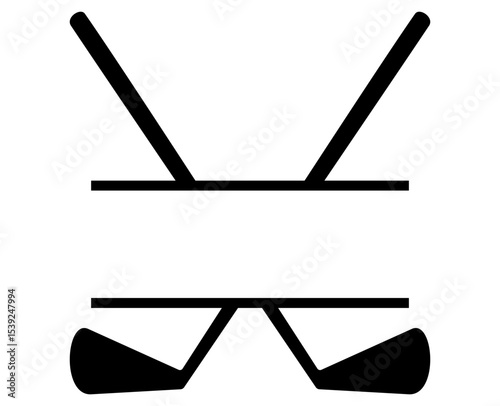 Crossed golf clubs with horizontal line for monogram space in black silhouette. Clipart image.