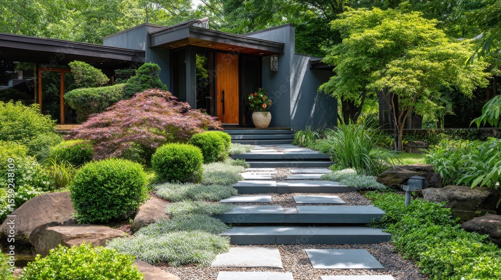 Fototapeta premium Path to modern home entry with sharp geometric steps and low-maintenance landscaping