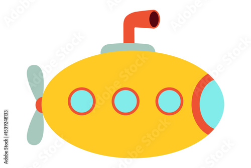 Colorful yellow submarine icon with periscope and propeller. Clipart image isolated on background.