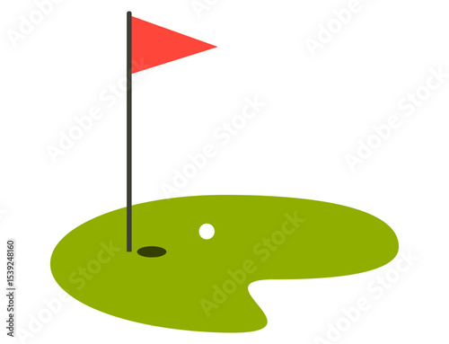 Simple golf course icon with flag and hole on green field. Clipart image isolated on background.
