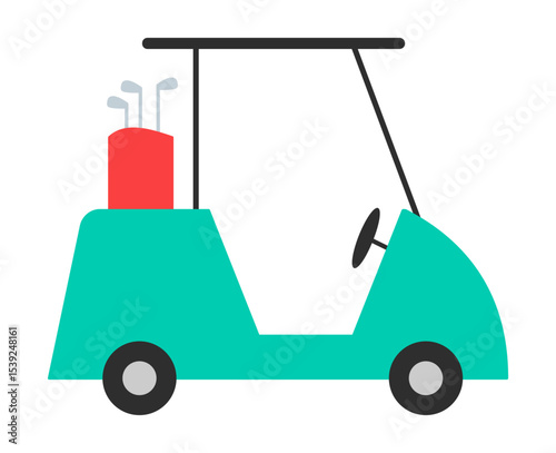 Colorful vector illustration of golf cart with clubs. Clipart image isolated on background.
