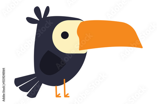 Colorful cartoon toucan with large orange beak standing on two feet. Clipart image isolated on background.