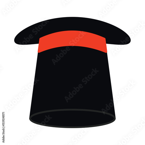 Black magician hat with red band vector illustration. Clipart image isolated on background.