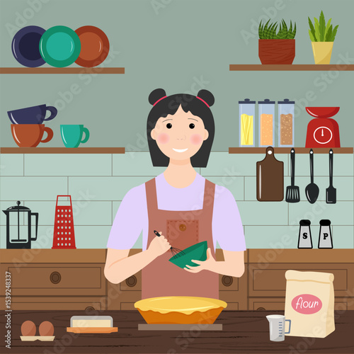 Teenage girl making a pie in the kitchen. View of the kitchen with dishes and furniture. Homemade pie, traditional food. Flour, eggs and butter on the table. The girl is whipping cream in a bowl with