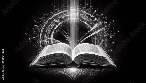 An open big book surrounded by digital computer symbols as a symbol of transferring all the accumulated knowledge of mankind to neural networks and AI on a black background. Vector graphics. EPS.