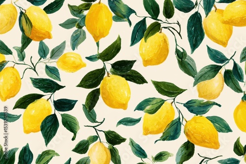 pattern of small watercolor lemons and leaves on a cream background, with a soft and airy pastel yellow color palette Generative AI
