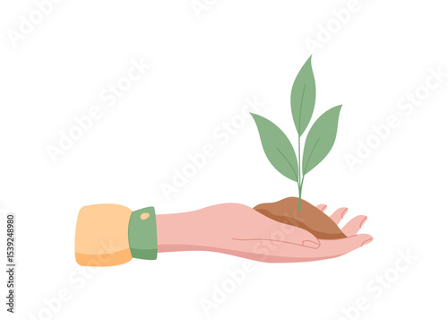 Hand holding plant sprout. Gesture of giving and receiving a green element. Nature concept, flat style, ideal for environmental graphics or eco illustrations.