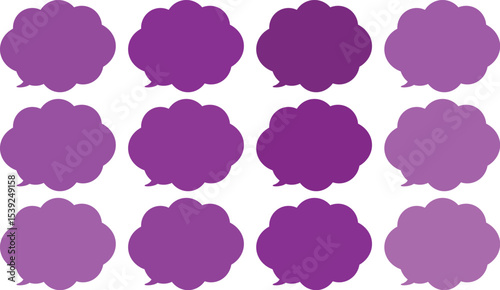 All the bubbles have a distinctive, rounded, cloud-like, or scalloped edge design. This vector image features twelve speech bubbles.