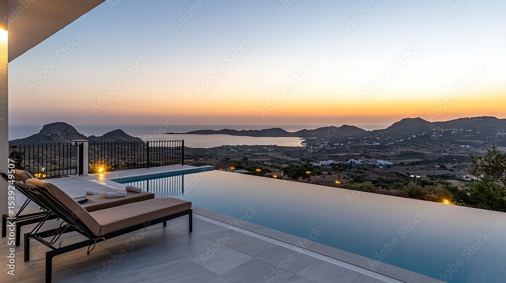Obraz premium Panoramic sunset view from a luxury infinity pool.