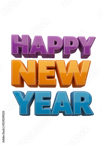Colorful 3D Happy New Year text with purple, orange, and blue letters on transparent background, festive and fun design