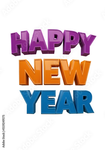 Colorful 3D Happy New Year text with purple, orange, and blue letters on transparent background, festive and fun design