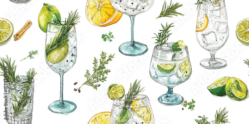 Assorted Gin and Tonic, Vodkas, Citrus Cocktails Watercolor Seamless Pattern. Summer Drinks and Botanical Design for textile, packaging, fabric, wallpaper, branding, wrapping paper interior decor.