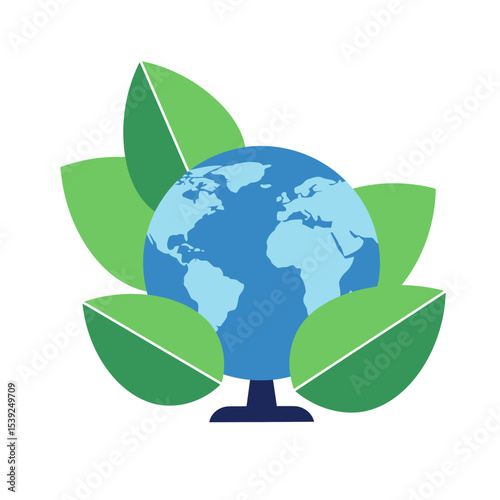 Vector of planet earth on a pedestal with leaves around it