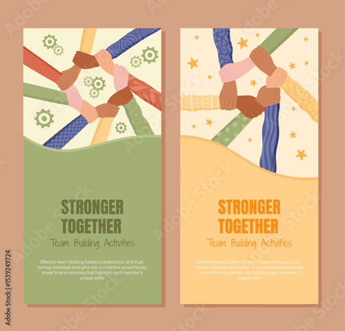 Flat teamwork banner with a set of diverse hands raised in unity. Multicultural group supporting a community with focus on solidarity and aid. Colorful concept for team and social themes.
