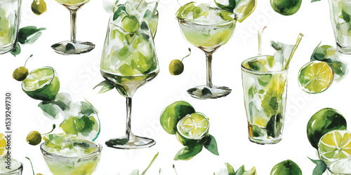 Green Mojitos, Gin, and Tonic Cocktails Watercolor Seamless Pattern. Drinks and Citrus Beverage Design for textile, packaging, fabric, wallpaper, branding, stationery, wrapping paper interior decor.