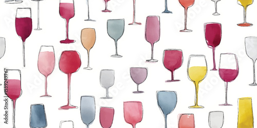 Assorted Wine Glasses with Colorful Drinks Watercolor Seamless Pattern. Elegant Barware Design for design, textile, packaging, fabric, wallpaper, branding, stationery, wrapping paper interior decor.