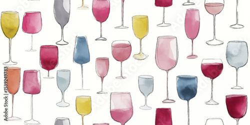 Assorted Wine Glasses with Colorful Drinks Watercolor Seamless Pattern. Elegant Barware Design for design, textile, packaging, fabric, wallpaper, branding, stationery, wrapping paper interior decor.