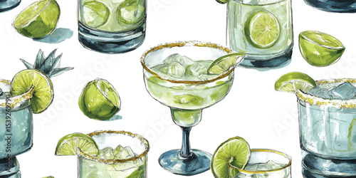 Margaritas and Zesty Lime Cocktails Watercolor Seamless Pattern. Summer Drinks and Citrus Beverage Design for textile, packaging, fabric, wallpaper, branding, stationery, wrapping paper interior decor