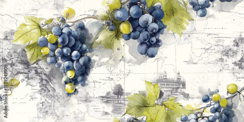 Vintage Wine Map with Lush Grape Clusters Watercolor Seamless Pattern. Vineyard and Viticulture Design for textile, packaging, fabric, wallpaper, branding, stationery, wrapping paper interior decor.