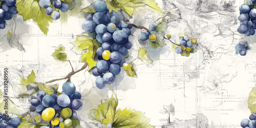 Vintage Wine Map with Lush Grape Clusters Watercolor Seamless Pattern. Vineyard and Viticulture Design for textile, packaging, fabric, wallpaper, branding, stationery, wrapping paper interior decor.