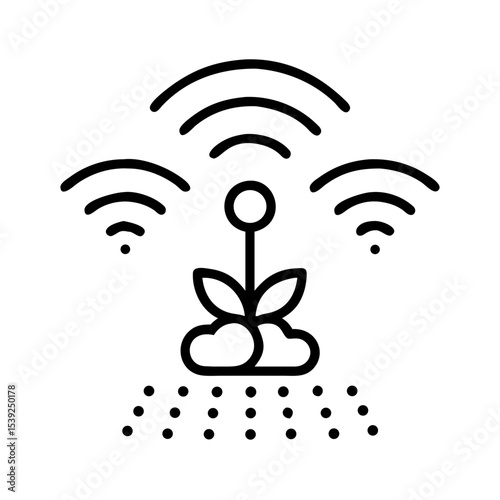 Smart irrigation system icon with plant and wireless signals for sustainable agriculture concept with copy space