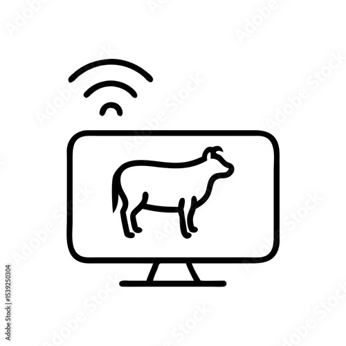 Online livestock tracking icon featuring a cow on a monitor for smart farming technology
