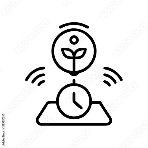 Real-time crop monitoring icon featuring a plant and clock symbol for smart farming technology