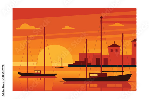 Sunset Sailboats at Harbor A Vibrant Vector Illustration of Calm Waters and Scenic Harbor
