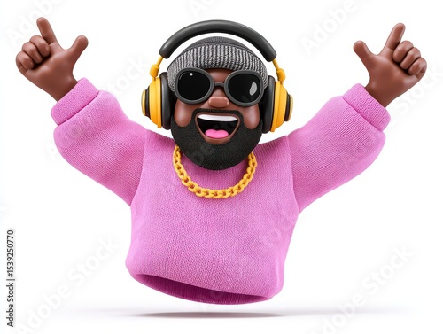 Cheerful animated character wearing stylish headphones and pink sweater celebrating music with enthusiasm and joy creating a vibrant sense of community and expression