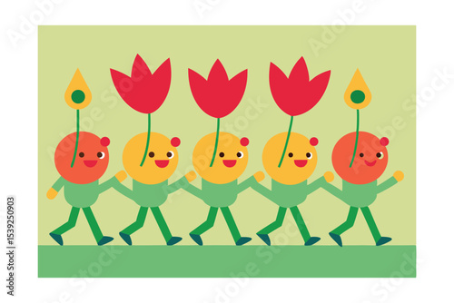 Cheerful Flower Parade A whimsical illustration of happy characters celebrating spring