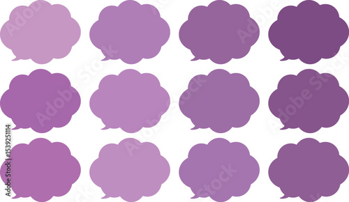 All the bubbles have a distinctive, rounded, cloud-like, or scalloped edge design. This vector image features twelve speech bubbles.