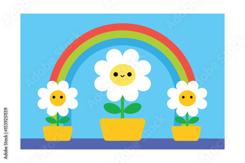 Rainbow Over Happy Daisies A Cheerful Potted Flower Illustration