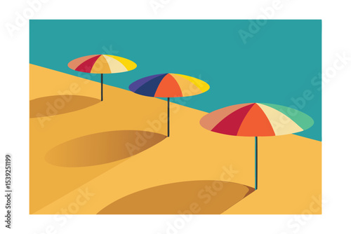 Beach Umbrellas Summer Vacation Vibes, Colorful Beach Scene Illustration