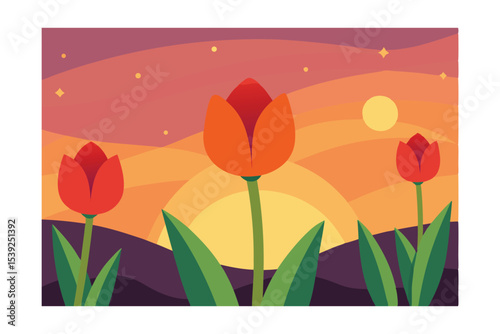 Sunset Tulips Vibrant Floral Illustration of Spring's Beauty