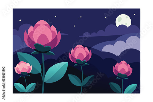 Serene Night Bloom Moonlit Flowers in a Dark Garden