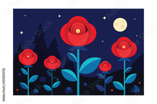Enchanted Night Garden Red Roses Under the Moonlight