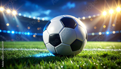 Soccer ball in illuminated stadium dynamic night football scene