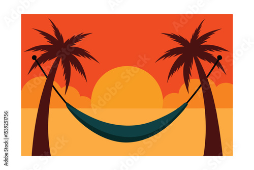 Sunset Serenity Relaxing Hammock Scene Between Palm Trees