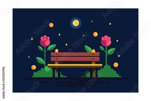 Serene Night Park Bench with Roses Under the Moonlit Sky