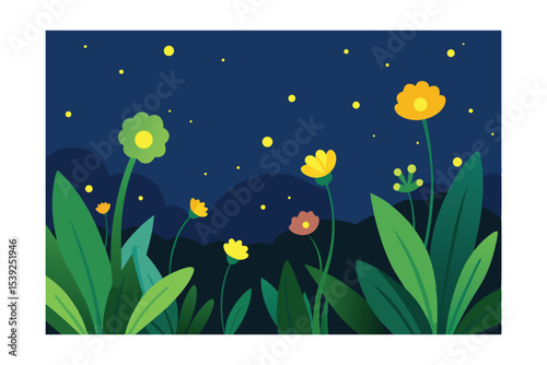 Enchanted Night Garden Firefly Magic Among Blooming Flowers