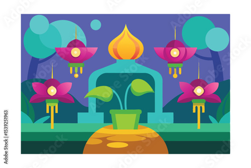 Alien Flora A Futuristic Garden of Vibrant Plants and Spaceships