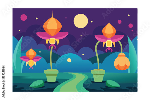 Enchanted Night Garden Luminescent Alien Flora Illustration